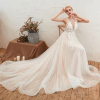 wedding dress flowers for women a line sheer neck appliques illusion tulle long court train bridal gowns custom made