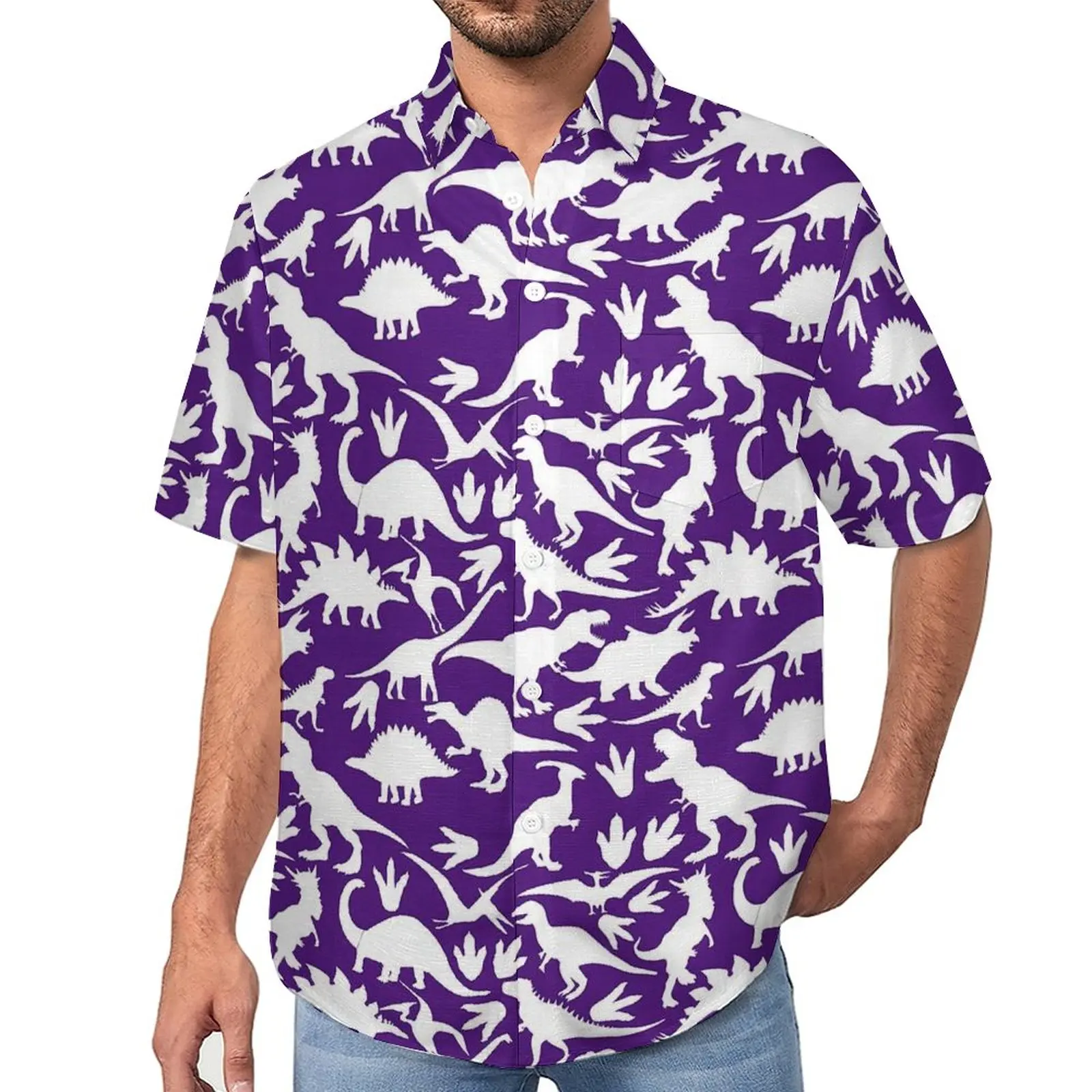 

White Dinosaur Blouses Men Animal Silhouette Casual Shirts Hawaiian Short-Sleeve Custom Trending Oversized Vacation Shirt Gift