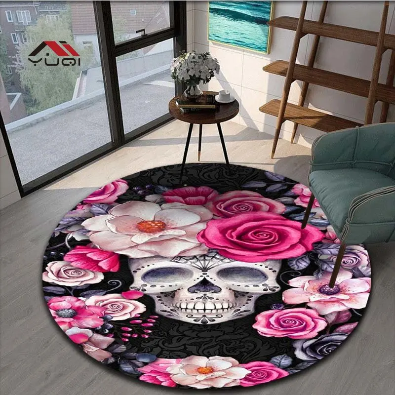 Круглый ковер с рисунком черепа и цветов для гостиной коврики Детский Мягкий