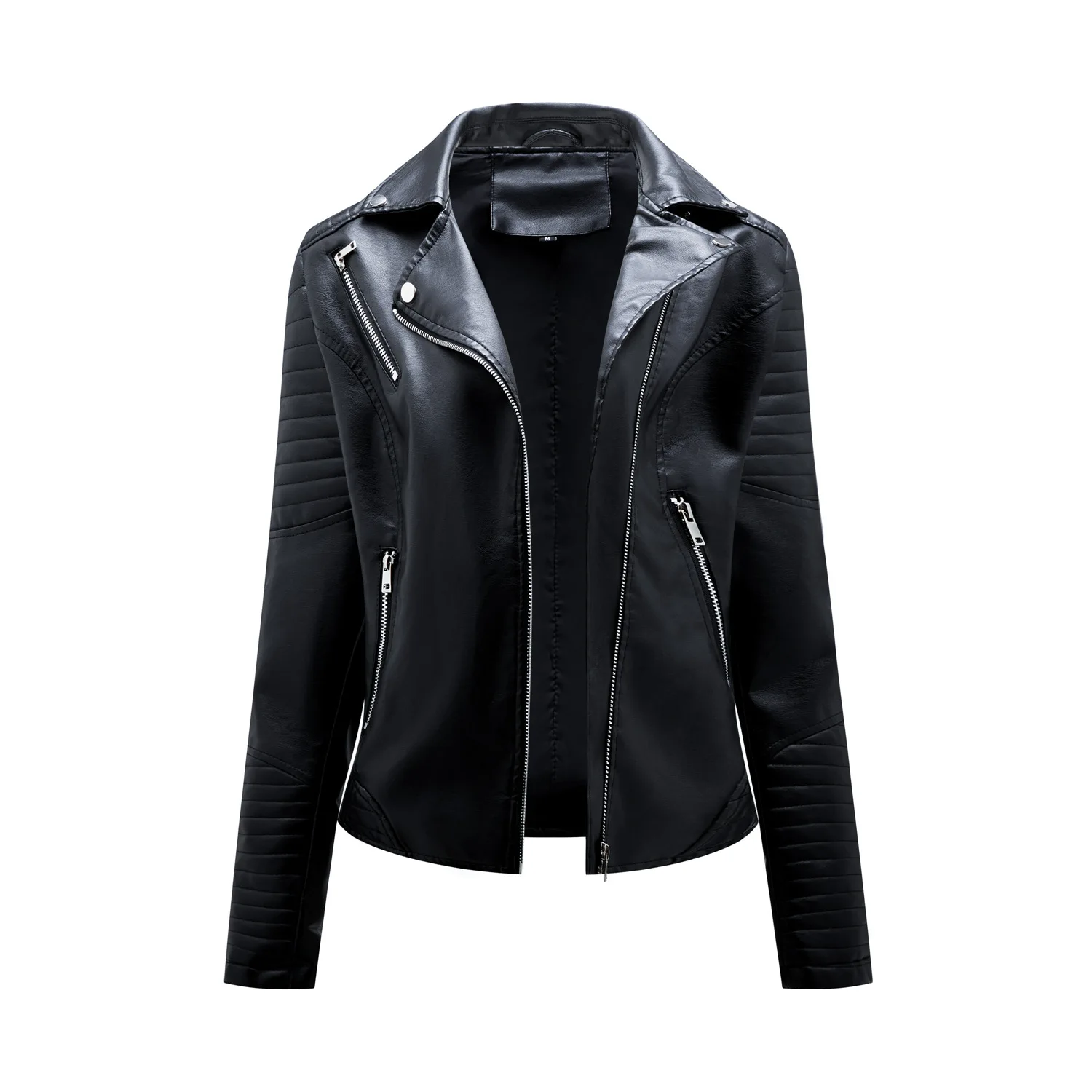 Fashionable spring autumn and winter short leather jacket women's European size slim lapel motorcycle suit inclined zipper jack