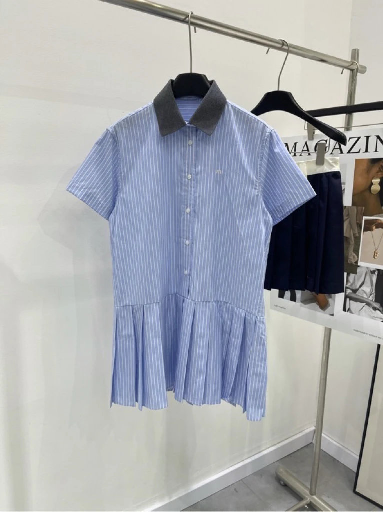 Shenzhen Nanyou 2024 Autumn New Age-Reducing Preppy Loose Western Sle Casual Lapel Stripe Pleated Dress Women