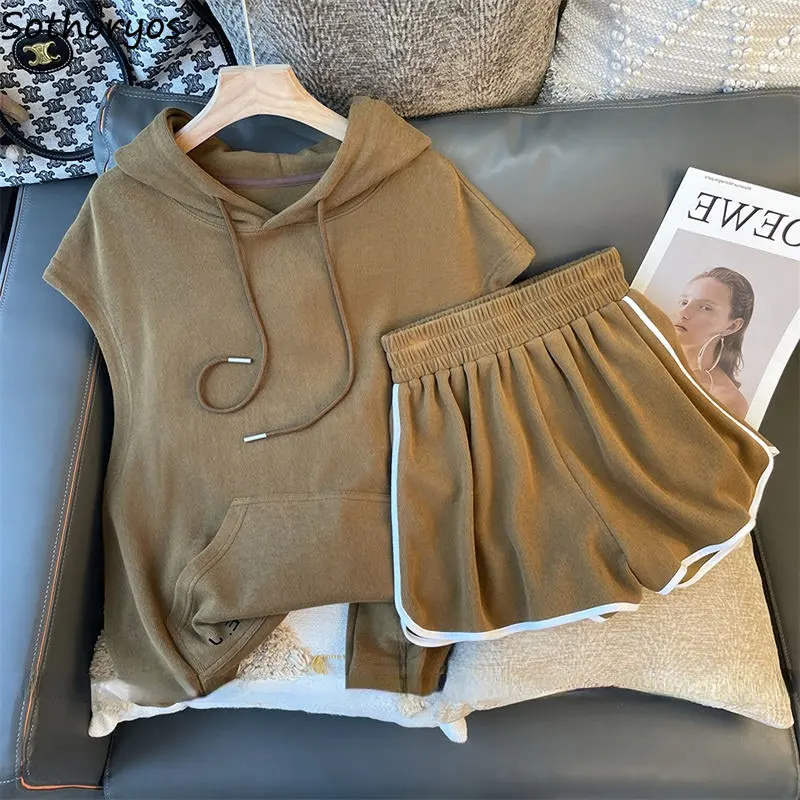 

Women Sets Hoodies Daily Sporty Ladies Trendy Simple All-match Summer Patchwork Casual Loose Korean Style Comfortable Shorts New