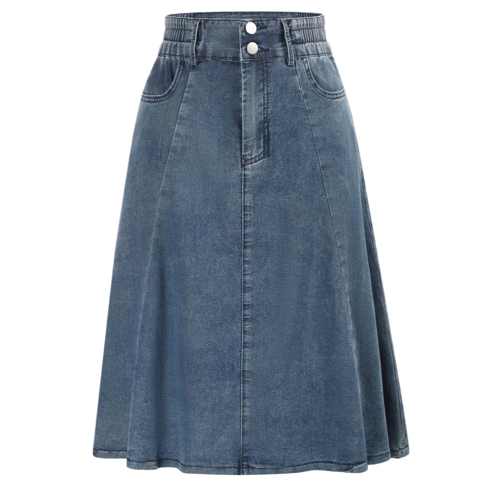 

Kate Kasin Flared Stretchy Midi Skirt High Waist Jersey Skirt For Women Denim Skirt With Open Insert Pockets Knee Length Skirt