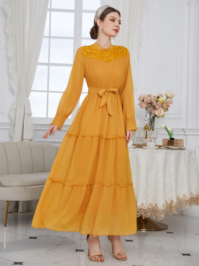 Turkish Women's Dress Chiffon Beaded Lace Patchwork Belted Kaftan Pure Yellow Flared Sleeves Princess Dress Ramadan Abaya