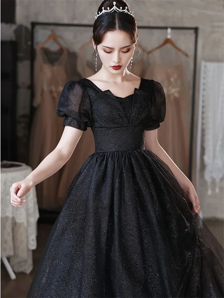 

Dress Female Spring Summer French Solid Color Sequin Square Collar Short Sleeve Long A-line Skirt Elegant Women's Clothing A046