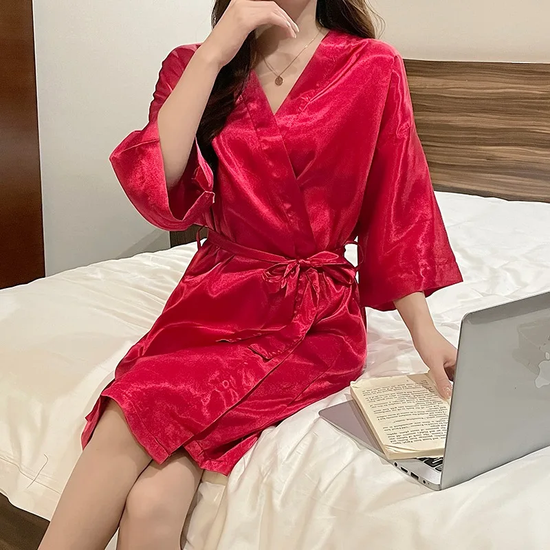 CAIYIER Summer New Women Silk Satin Short Night Robe Sexy Plus-size Ice Silk Pajamas Ladie Simple Solid Color Robe Home Wear