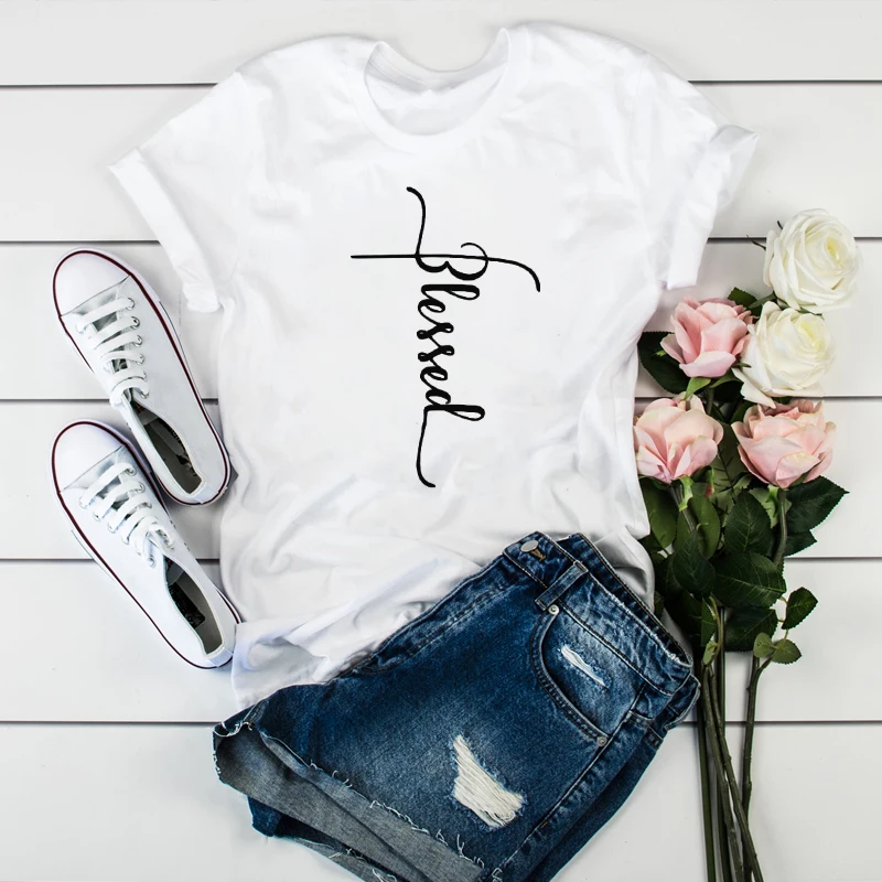 

New Women's T-shirt Blessed Simple Letter Fashion Print Top Female T Shirts Summer O-Neck Tops Short Ladies Clothes