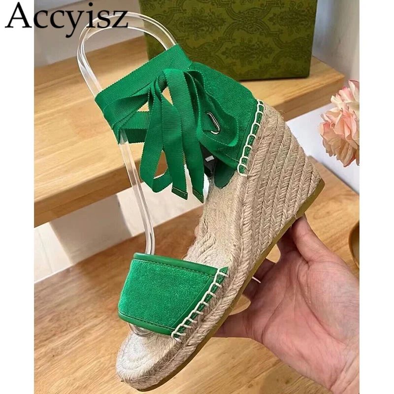 

New Hemp Rope Weave Wedges High Heel Sandals Women Cow Suede Ankle Strap Sandalias Summer Fashion Open Toe Platform Ladies Shoes