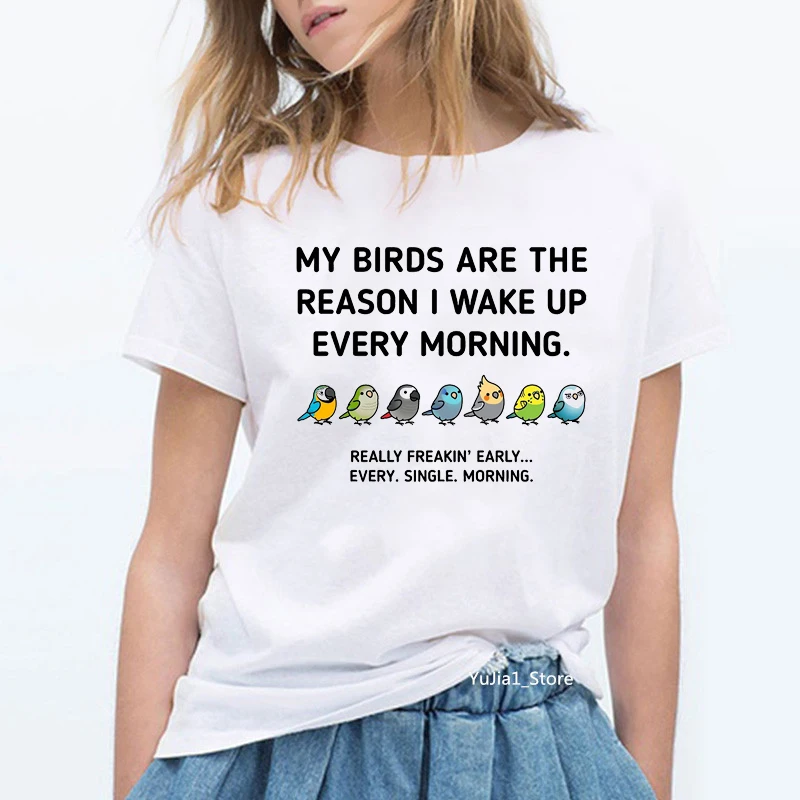 

Lovely Rainbow Birds Cockatiel Parrot Graphic T Shirt Women Summer White Short Sleeve T-Shirt Cute Top Female T-Shirt Clothes