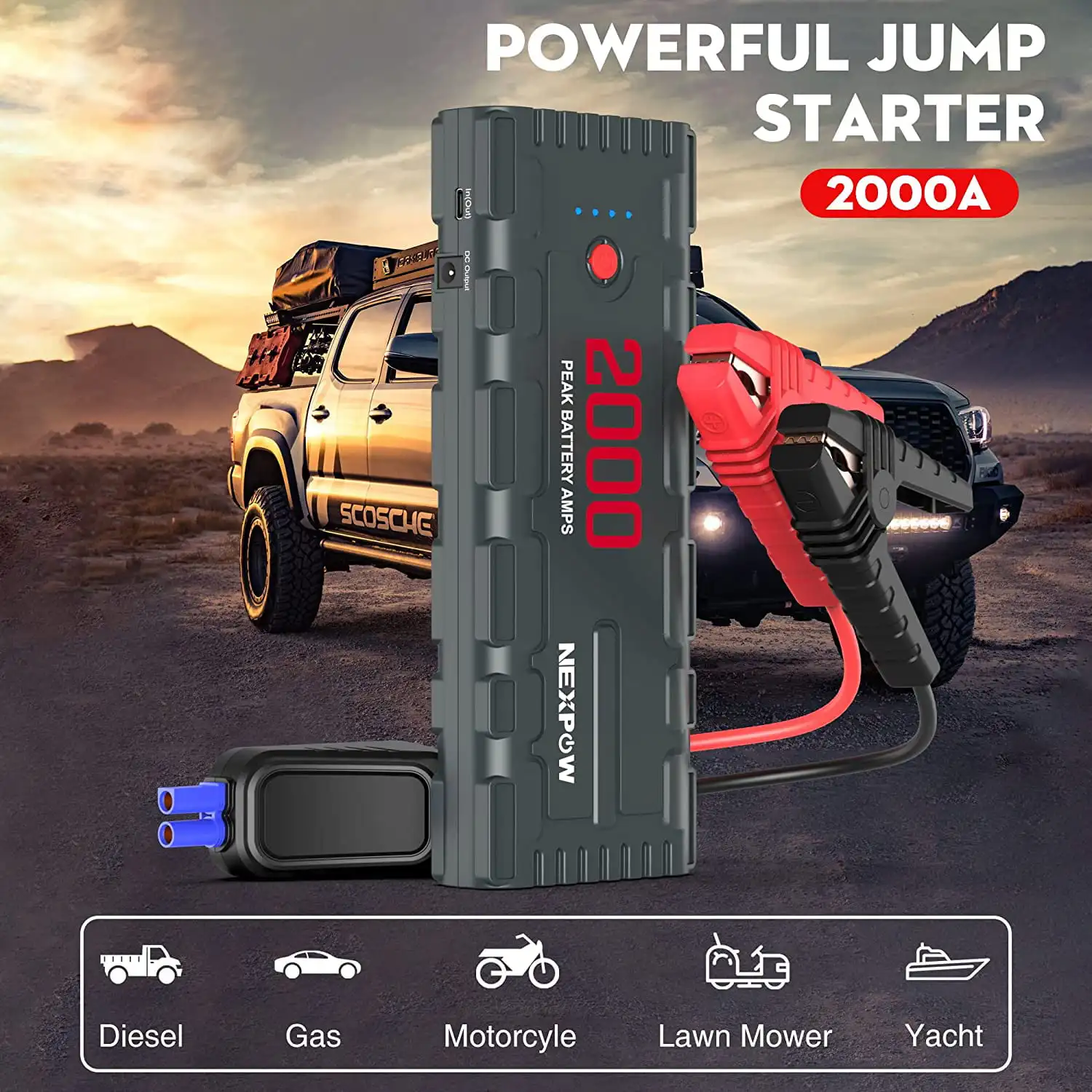 

2000A 18000mAh Car Jump Starter with USB Quick 3.0 ( to 7.0L Gas or 6.5L Engine), 12V Portable Battery Starter, Battery Booste