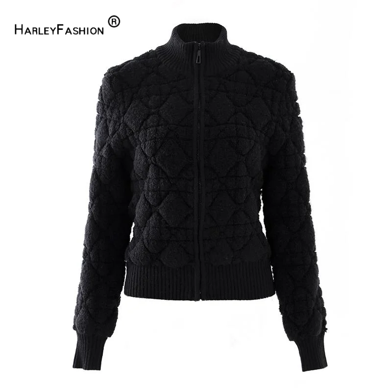 Basic Solid Plaid Pattern Women Coat Turtle Neck Long Sleeve Lady Casual Zipper Knit Sweater Cardigan