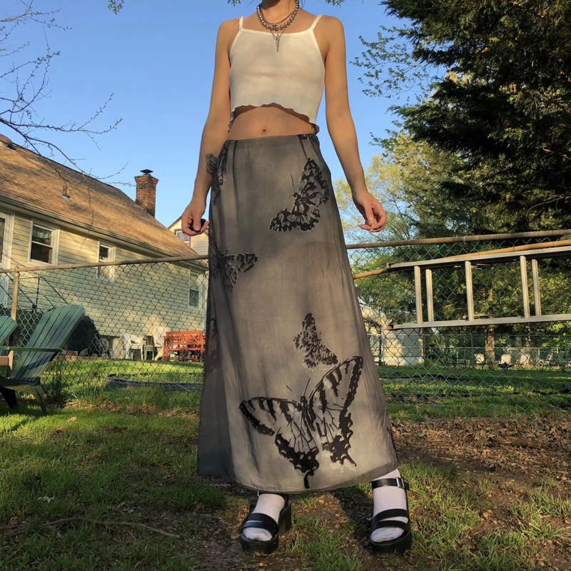 

Women Vintage Butterfly Print Gothic Style Casual Autumn Holiday Party Harajuku Streetwear Midi Skirt Aesthetic