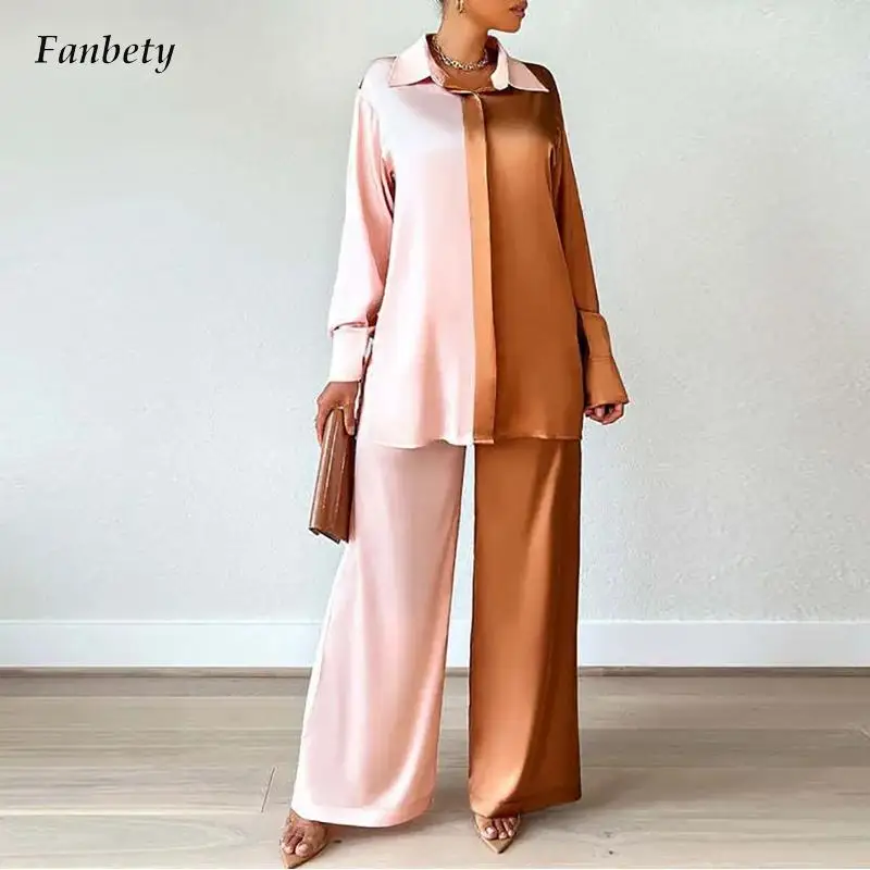 

Элегантный лоскутный атласный наряд, модная рубашка с отложным воротником и длинными рукавами и брюки с широкими штанинами, Женский Повсед...