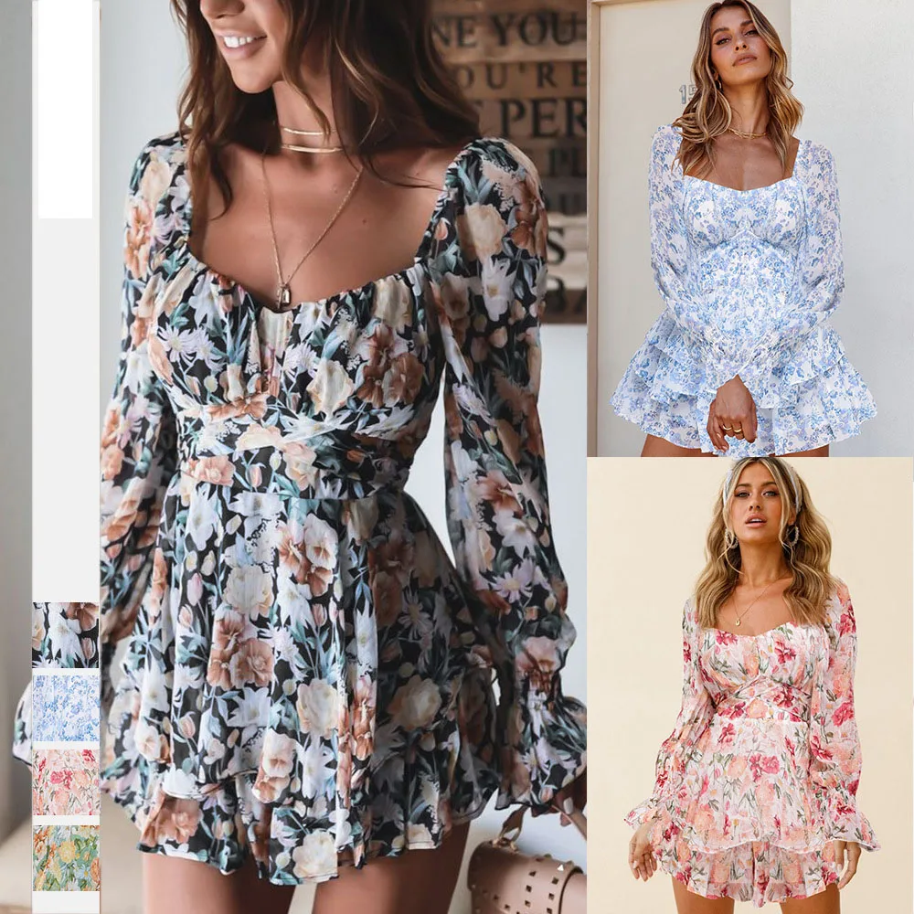 

Женский шифоновый комбинезон с длинным рукавом, комбинезон на шнуровке с оборками и цветочным принтом, женский комбинезон, женский сексуал...