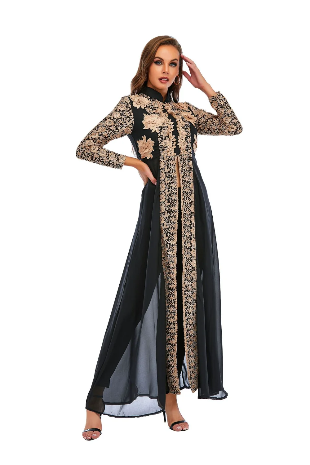Chiffon Stand Neck Dress Lace Long Sleeve Robe and Pants Muslim Set Fashion Two Pieces Robes Islamic Clothing Muslimischen Sets