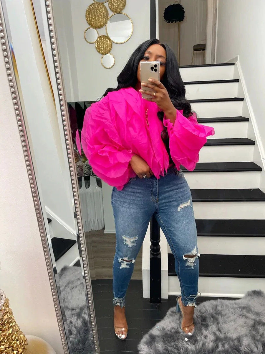 Женская шифоновая плиссированная блузка с рукавами-лепестками и буффами - купить