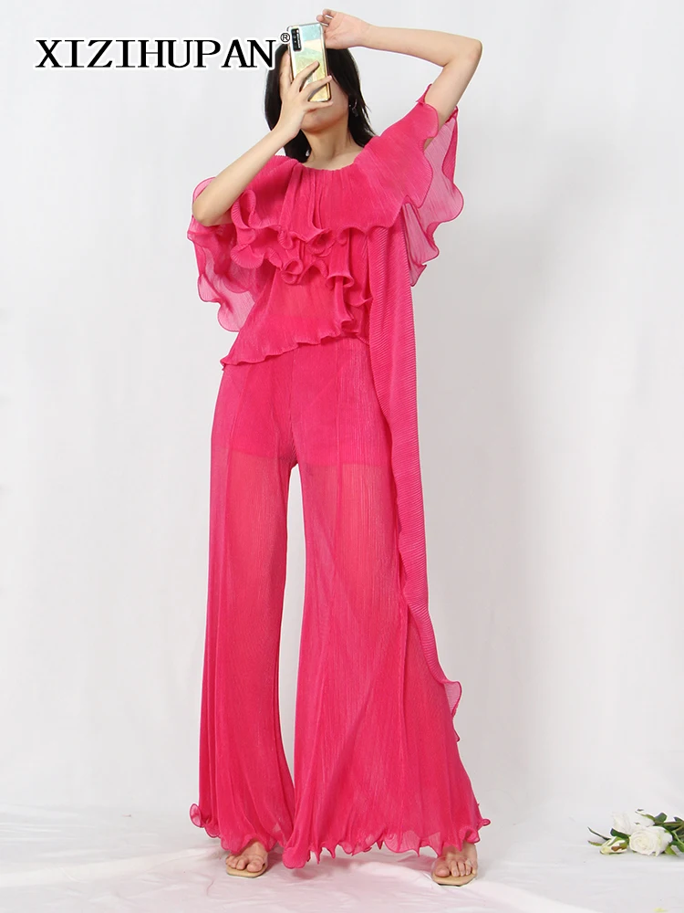 

XIZIHUPAN Casual Solid Two Piece Set For Women Skew Collar Off Shoulder Shirt High Waist Loose Trousers Female Sets Fashion New