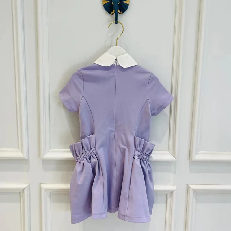 

Girls' Spring/Summer New Contrast Color Lapel Thorn LOGO Flower Bud Pocket Dress