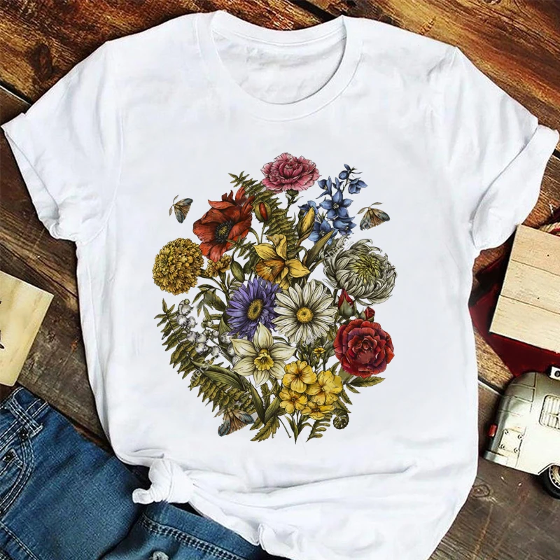 

Women's 90s T-shirt New Casual Plant Flowers Women's Printed T-shirt Summer Women's Fashion Women's Short Sleeve White Loose T-s