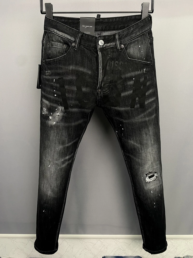 

new fashion design letter DSQ2 COOLGUY JEANS Men's Black Zippers Spray Paint Hole Cool Style slim Pencil Pants Jeans 9865