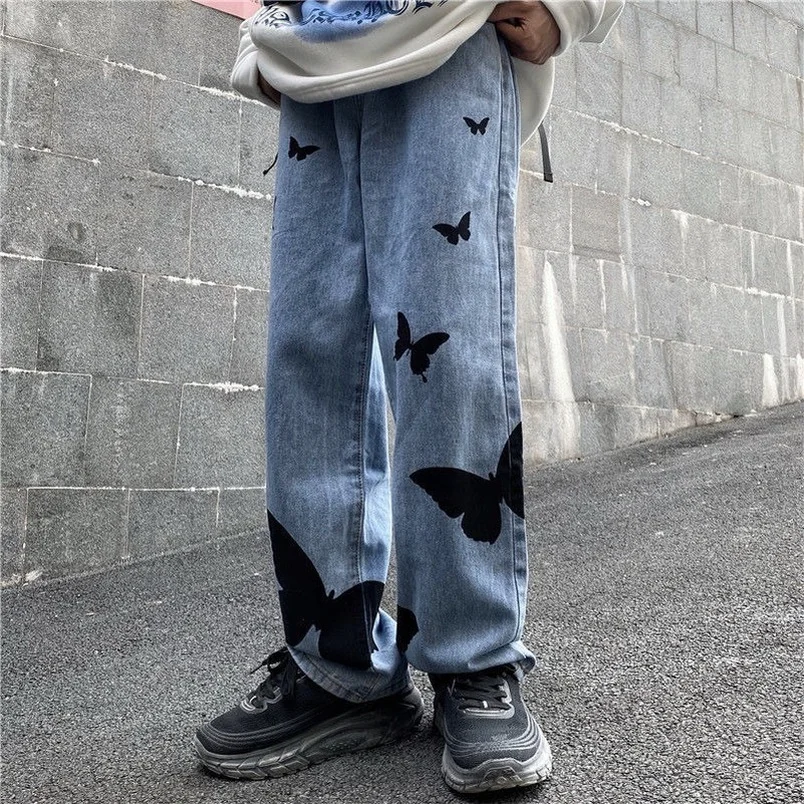 

Autumn Retro Jeans Women Butterfly Print Casual Pants Loose Straight Pants Fashion American Street Clothing Baggy Jeans Oversize