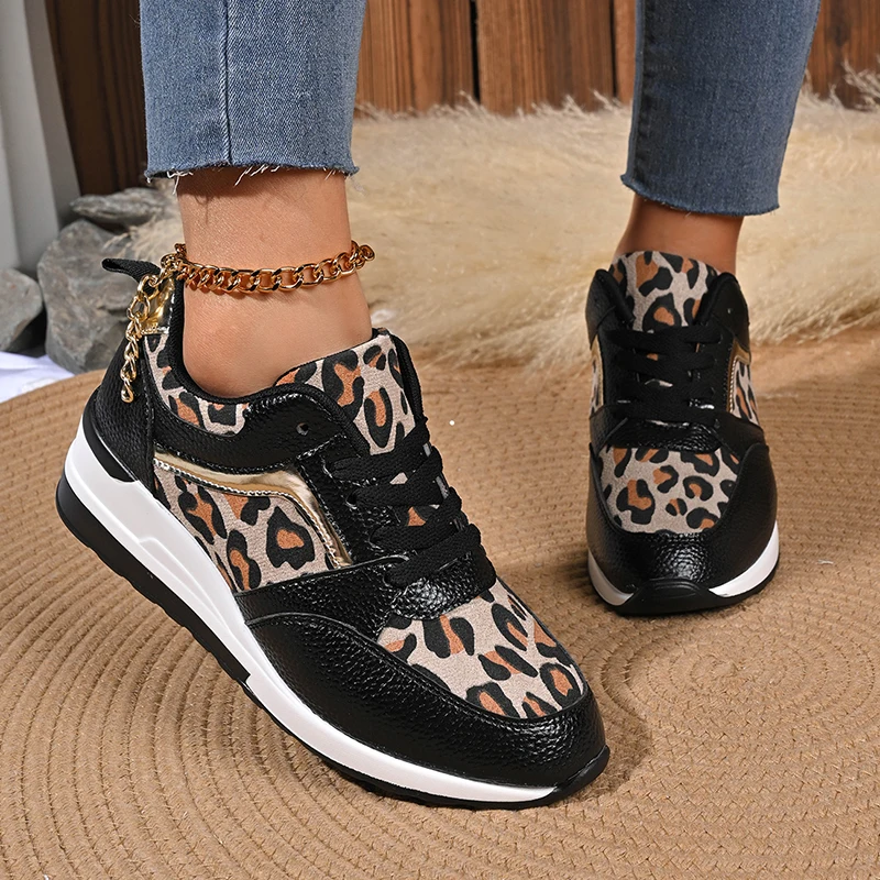 2025 Plus Size Leopard Print Sneakers Women Pu Leather Platform Sneaker Shoes Woman Comfortable Non Slip Lace Up Female