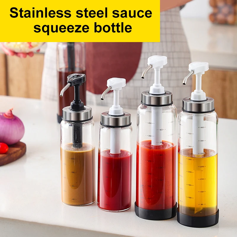

Sauce Syrup Dispenser Bottle Glass Olive Oil Dispenser with Wide Neck Press Pumps Head Kitchen Supplies Dispenser Bottle GRSA889
