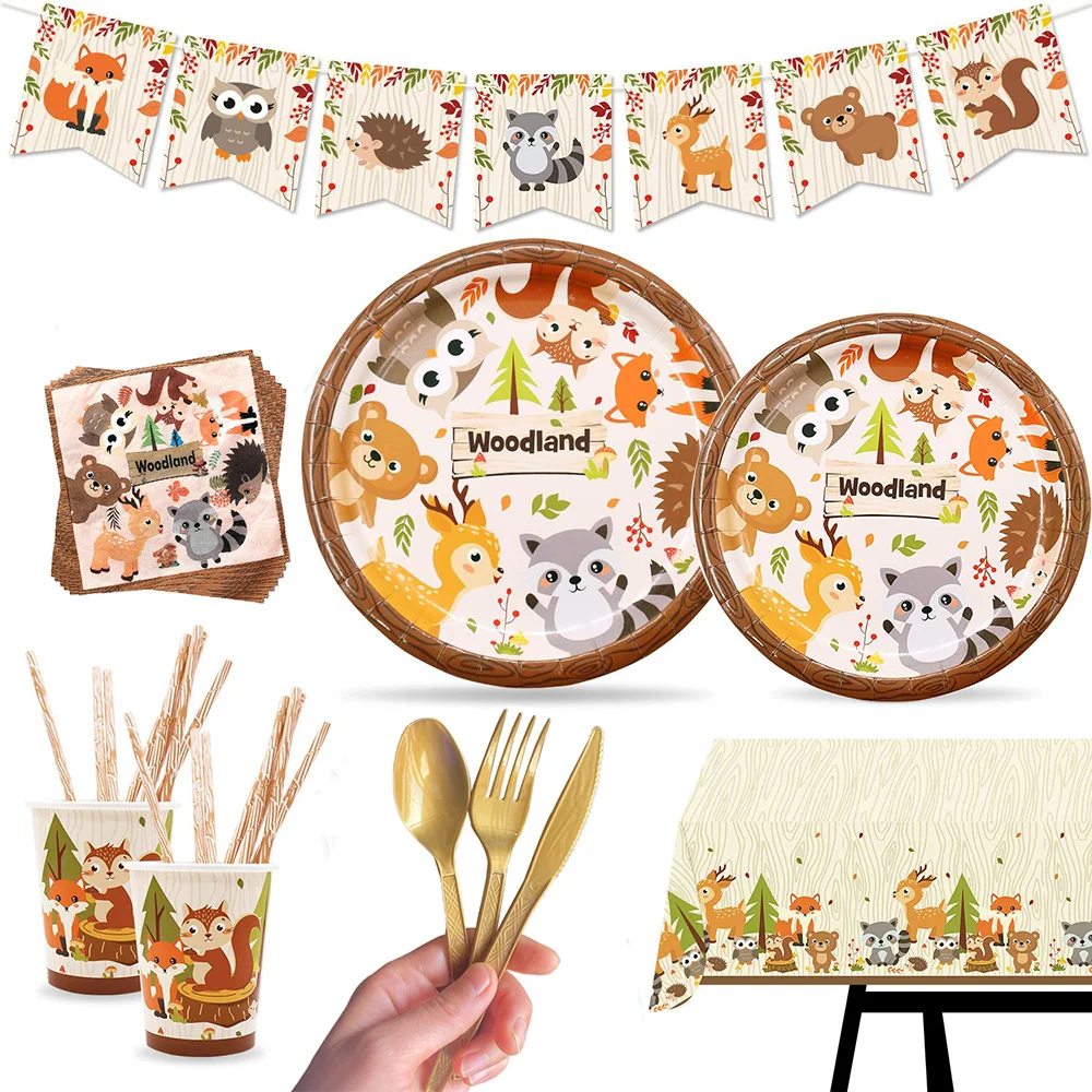 

Woodland Animal Fox Party Tableware Banner Plates Cups Table Cover Napkins Woodland Forest Friends Baby Shower Birthday Decor