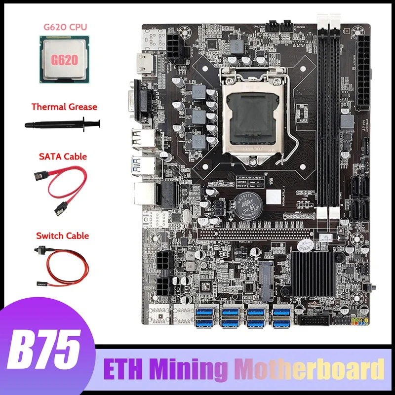 

AU42 -B75 ETH Mining Motherboard 8XPCIE USB Adapter+G620 CPU+SATA Cable+Switch Cable+Thermal Grease B75 USB Miner Motherboard