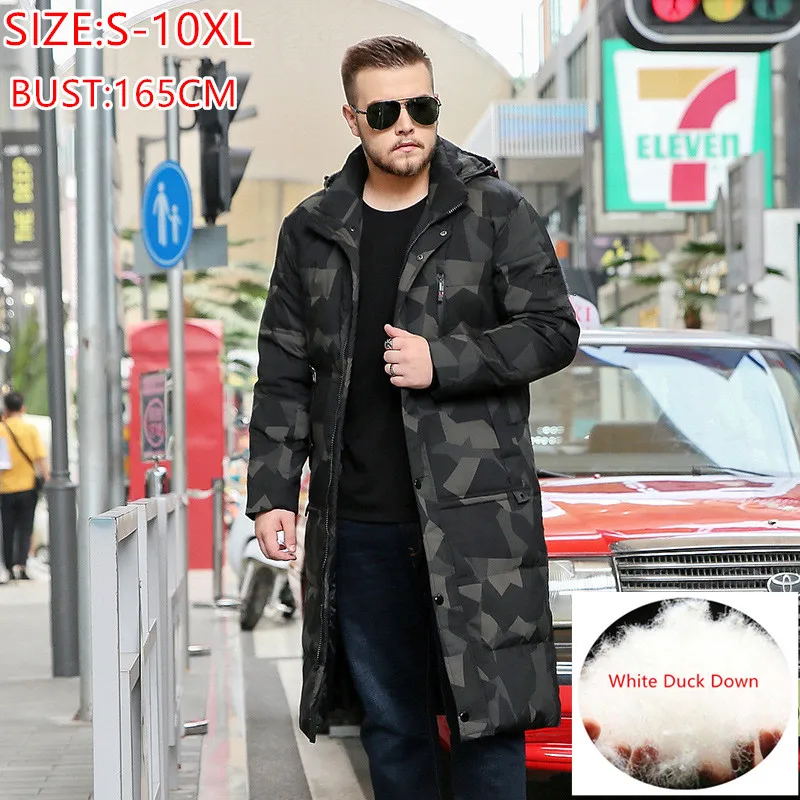 

Мужские зимние парки 10XL 9XL 8XL, Зеленое Длинное камуфляжное утепленное пальто с капюшоном на белом утином пуху, Теплая мужская одежда