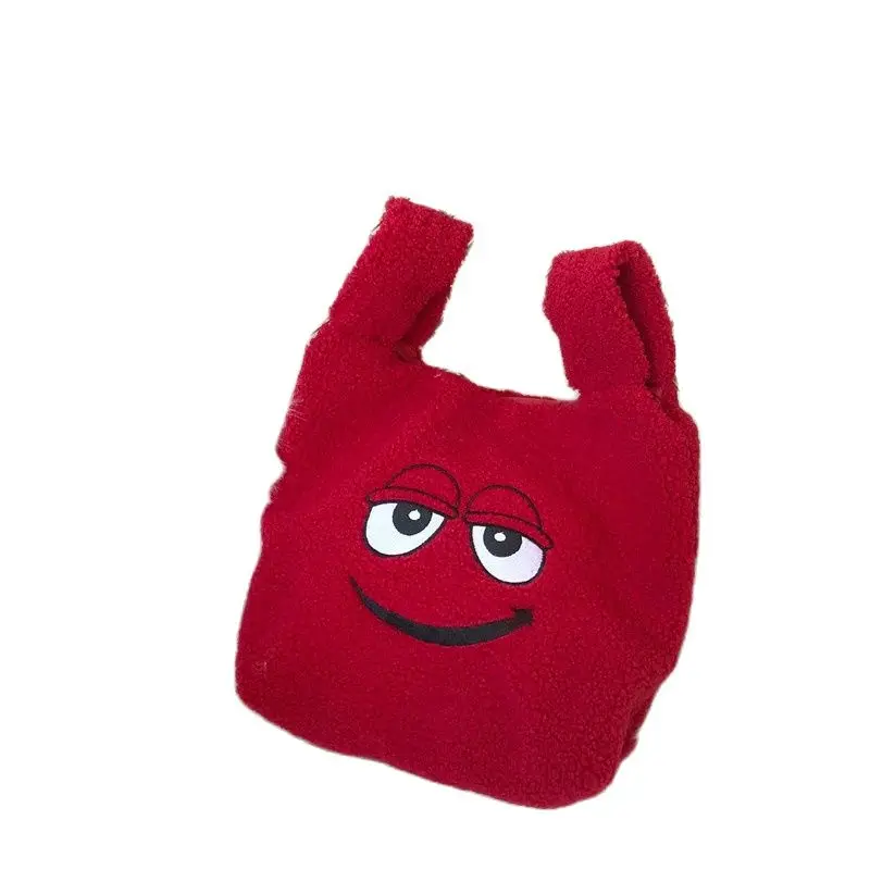 

winter bags Handbags Plush Shoulder Bag Cute red Face Embroidery Women small bag solid color Ladies Bag woman Tote 28*30cm