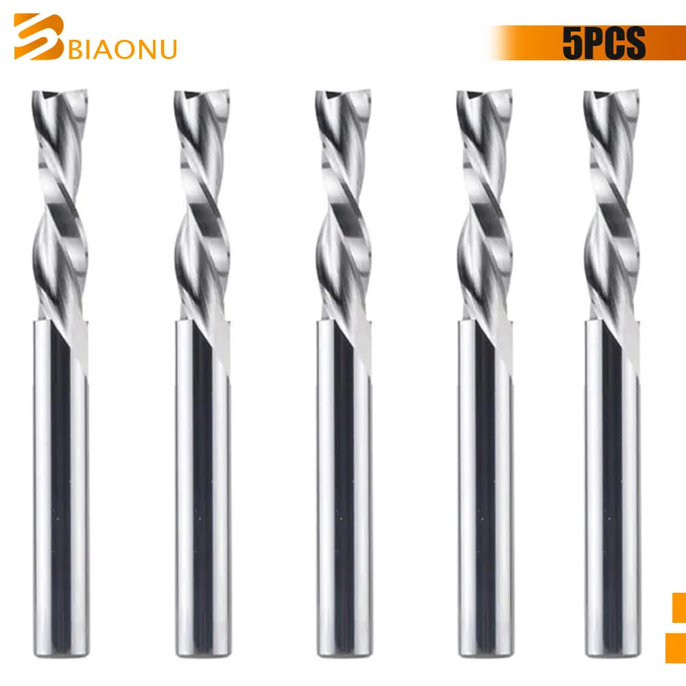 

Biaonu 5pcs Down Cut End Mill 3.175/4/5/6mm Two Flutes Left Spiral Milling Cutter Carbide CNC Milling Tool Router Bit for Wood