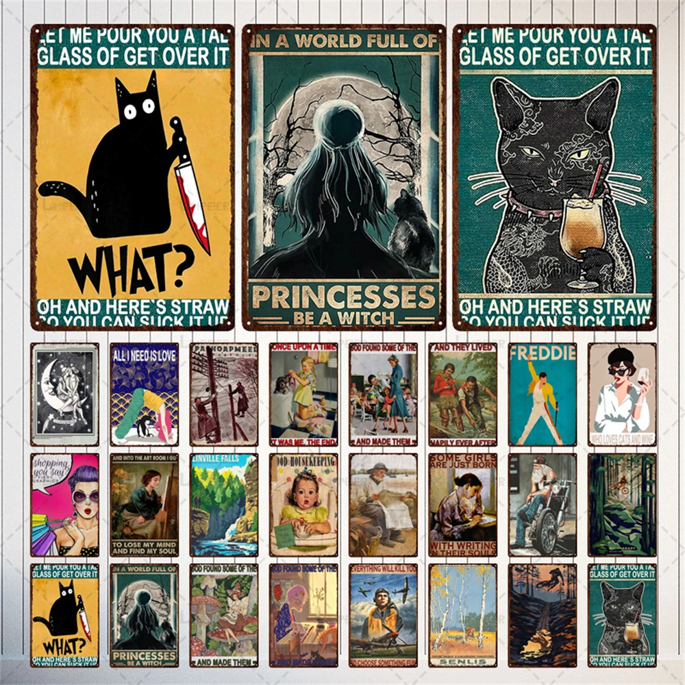 

Забавная кошка, винтажная металлическая вывеска, Мультяшные Ретро наклейки на стену, Оловянная пластина, металлическая пластина, Оловянная...