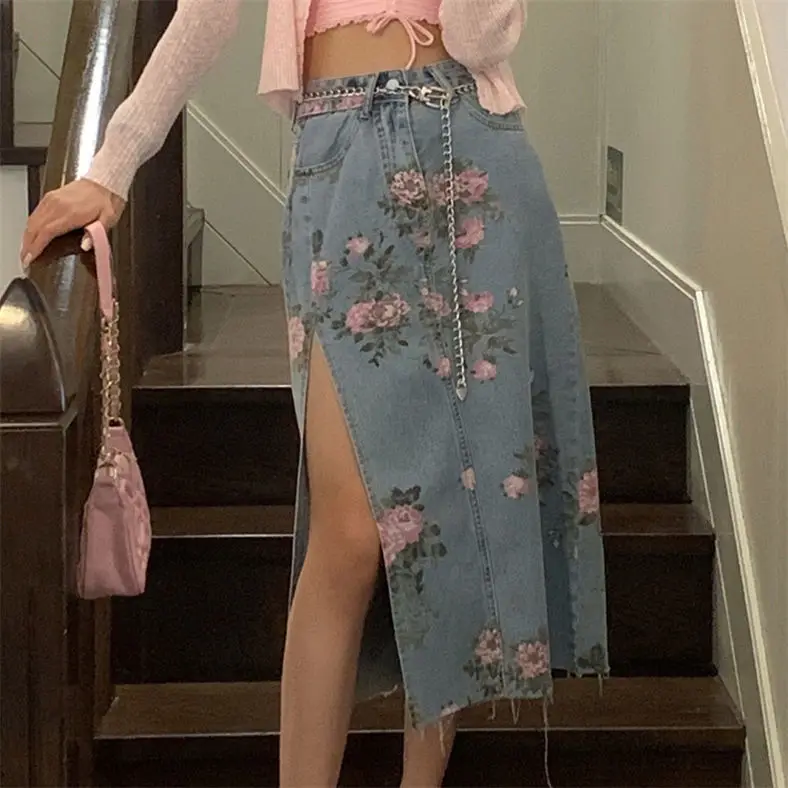 

2022 Vintage Flowers Print Long Denim Skirts Summer High Waist Slim Sexy Open Split Straight Skirt Jeans Saias Female