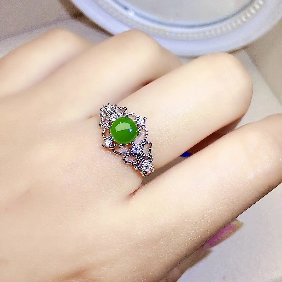 Vintage Sterling Silver Jade Ring 6mm 100% Natural Green Jade Silver Ring Solid 925 Silver Jade Jewelry