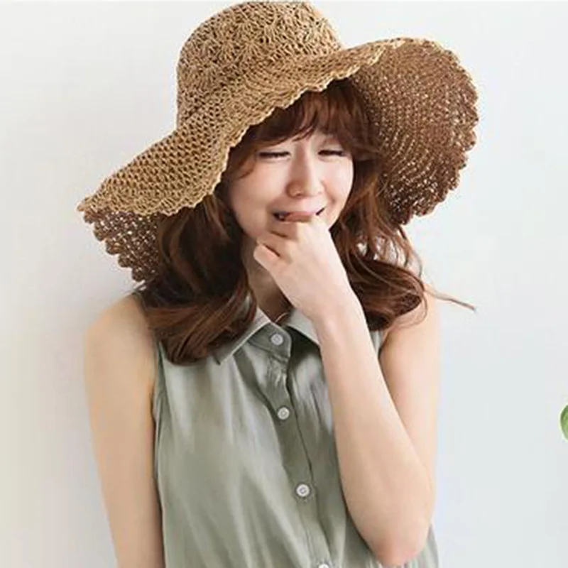 Fashion Korea Handmade Crochet Straw Hat Female Summer Straw Knitting Hollow Big Brim Hats Leisure Vacation Seaside Beach Caps