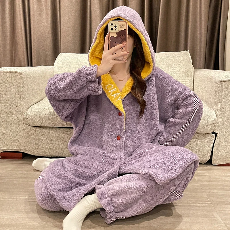 Women Sleepwear Plus Size Medium Style Winter Pajamas Set Loose Version Keep Warm Intensification Pyjamas Plush Nightgown Hooded