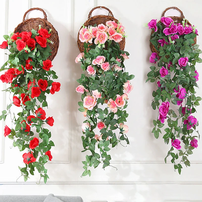 

Artificial Flowers Wall Hanging Roses Flower Rattan Fake Plant Vine Decoration Wedding Decorative Wreath Home Decor Accessories