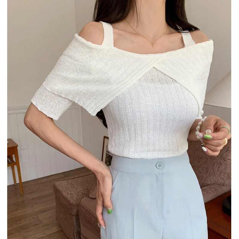

Solid Color Lapel Short Sleeve Knitted Pullover 2023 Summer Chic Slim Fit Off Shoulder Sweater Women Elegant Casual Tops P231