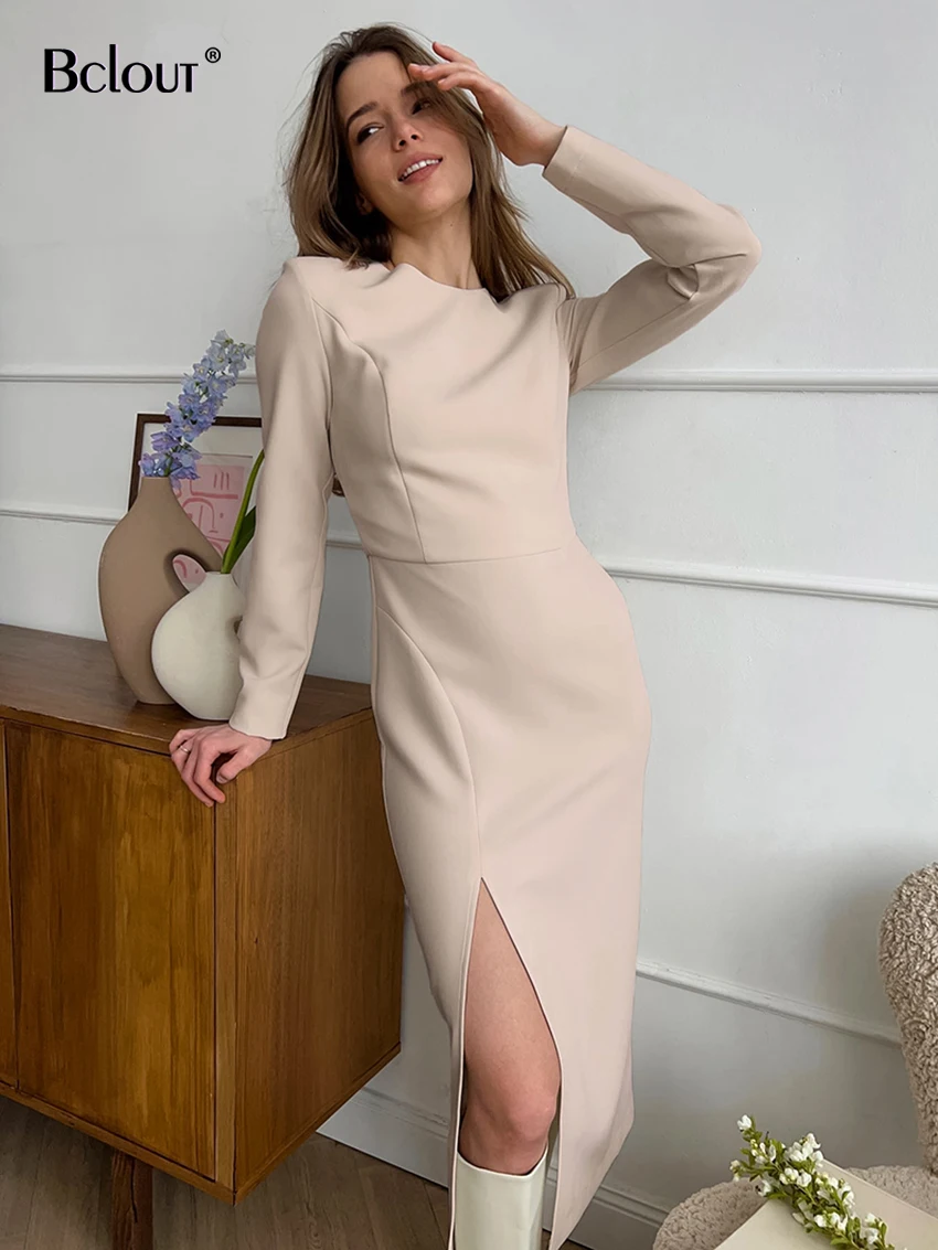 

Bclout Elegant Khaki Dress Women 2023 Spring Fashion O-Neck Long Sleeve Office Lady Midi Dress Vintage Slit Sexy Evevning Dress