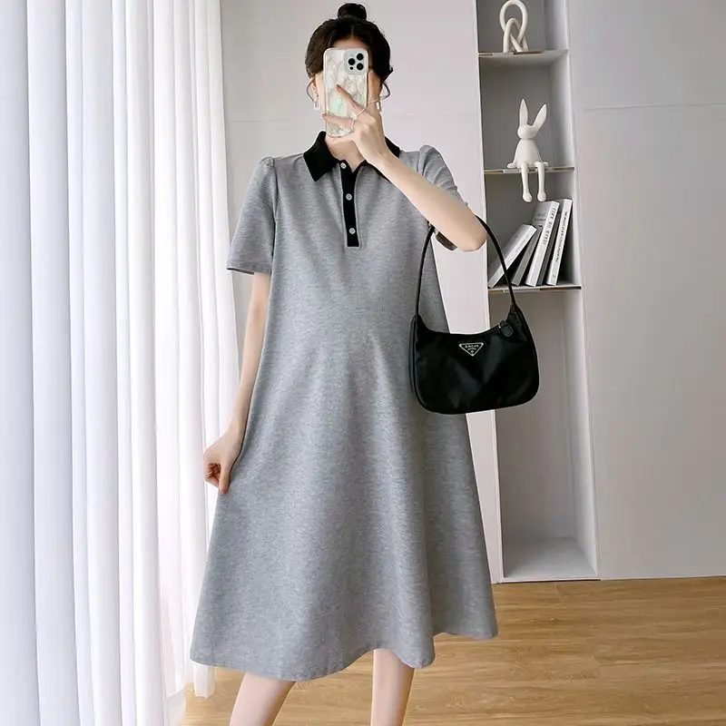 Summer Pregnant Women Dresses Maternity Lapel Shirt Pregnancy Solid Color Loose Knee A-line Female Long Casual Top enlarge