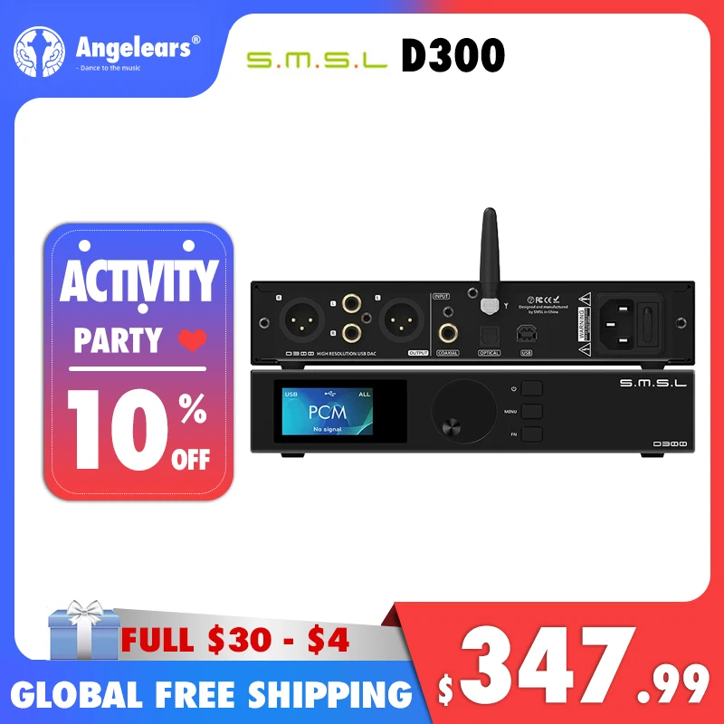 

SMSL D300 Bluetooth 5.0 Decoder DAC ROHM BD34301EKV chip XMOS DSD512 PCM768KHZ LDAC Decoder with Remote Control XLR/RCA Output