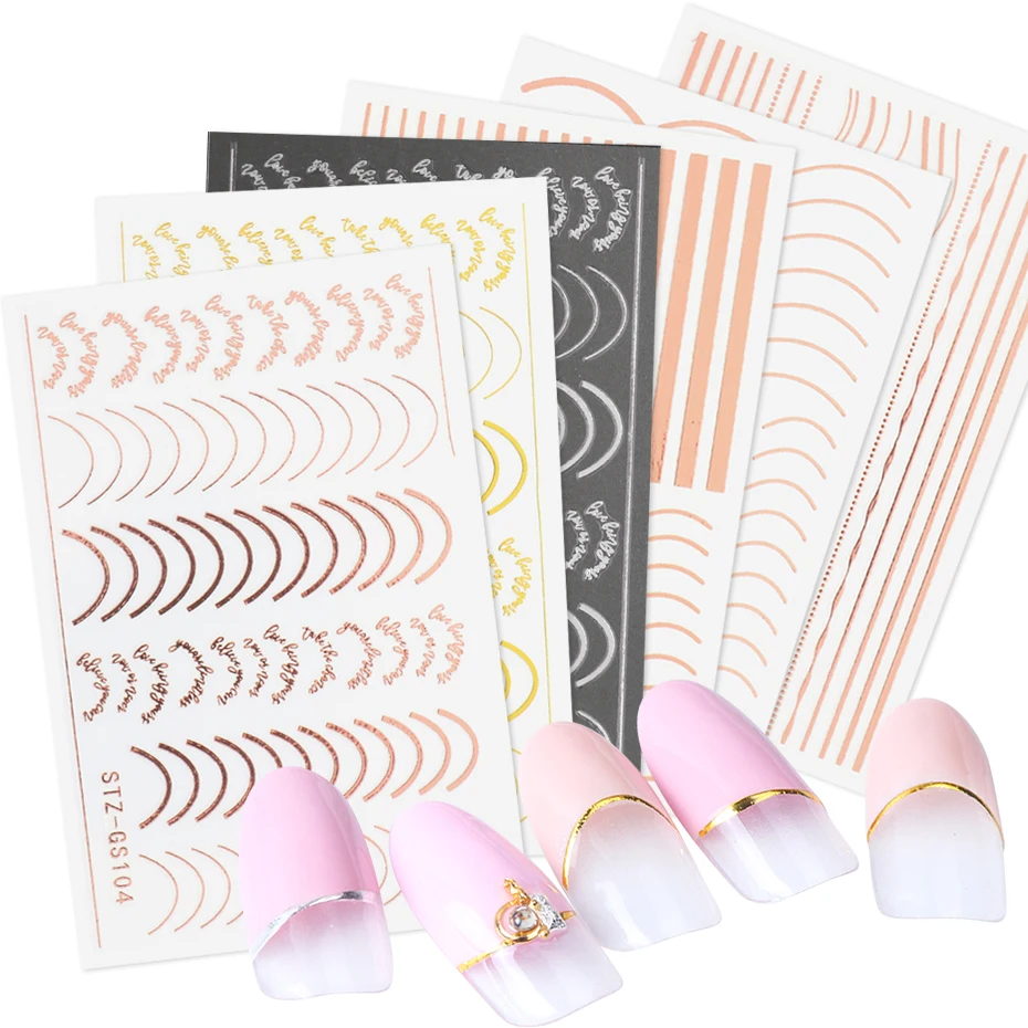

1pcs 3D Rose Gold Holo Decal Nail Lettering Curved Striping Line Sticker Nail Art Design Adhesive Slider Decoration LYSTZ-GS104