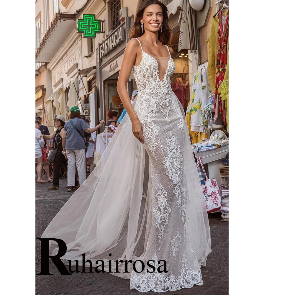 

Ruhair Exquisite Luxury Spaghetti Strap V-Neck Wedding Dresses Train For Women Appliques Lace Robe De Mariée Formal Brides Gown