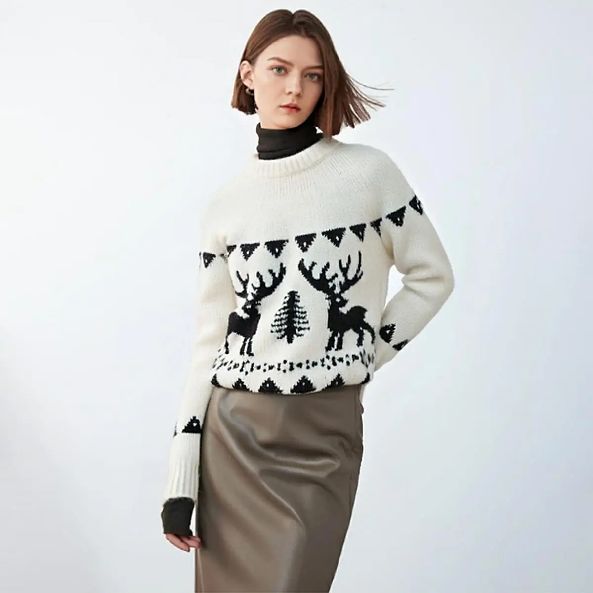 Longzi Женская одежда 2024 зима новый жаккардовый свободный повседневный пуловер с