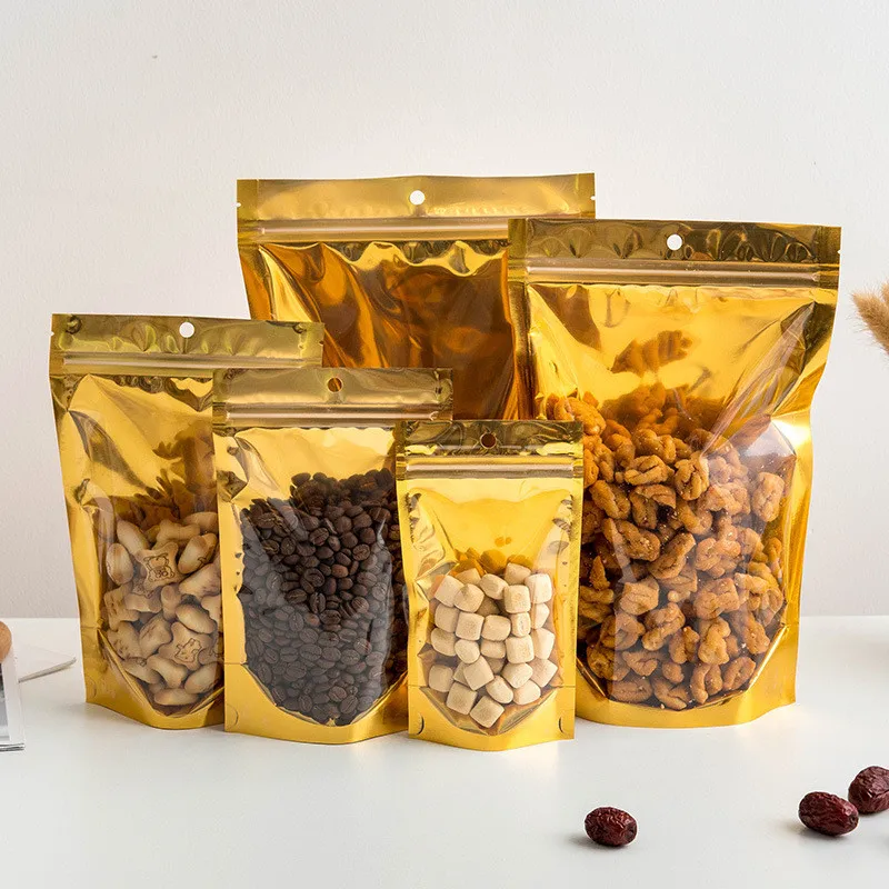 

50pcs Golden Aluminum Foil Self-supporting Self-sealing Zipper Transparent Sealing Bags Food Packaging