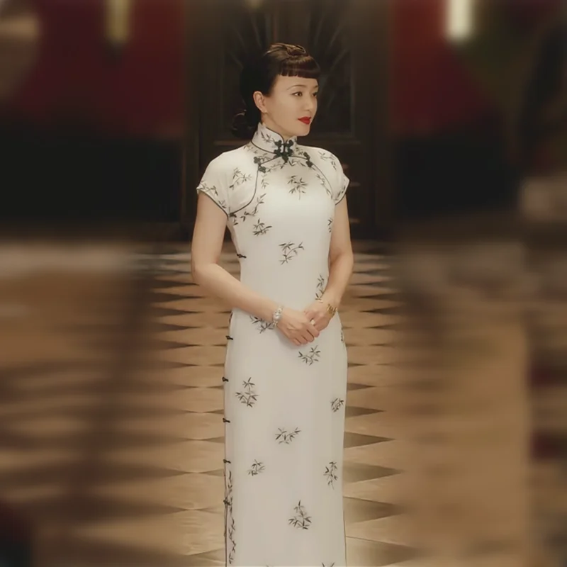 Hot Drama Legacy Chuan Jia Older Sister Yi Zhongling Qin Lan Long Design Body-fit Cheongsam Print Elegrant Chi-pao Republican