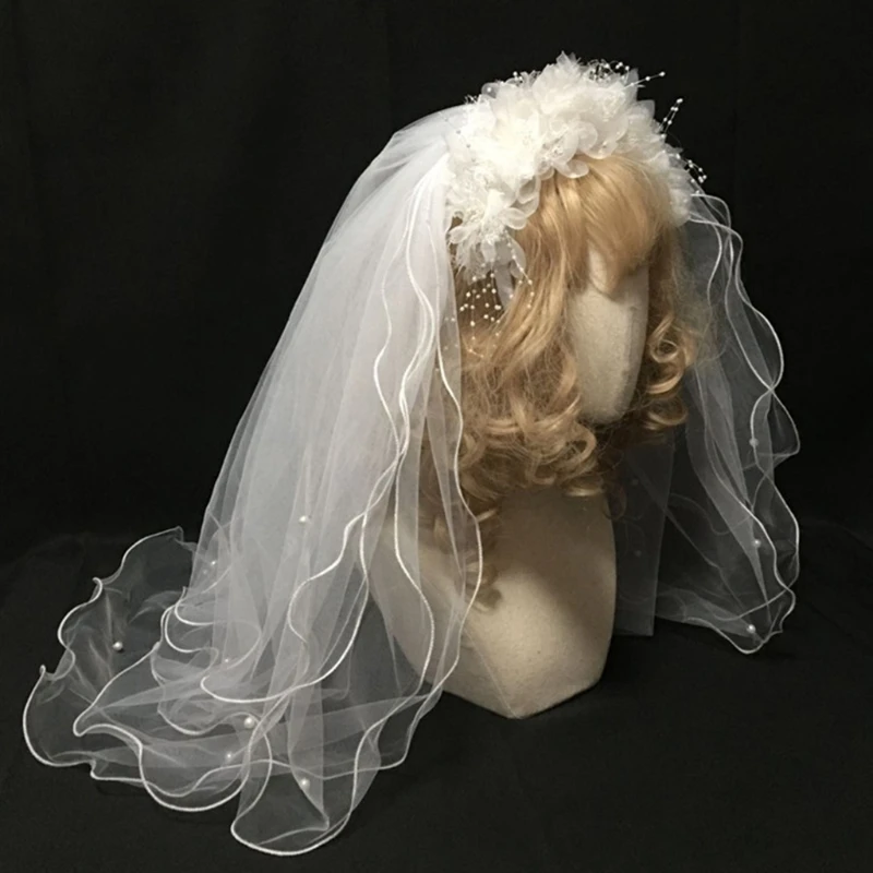 

Многослойная свадебная фата для невесты, обруч для волос с белыми цветами, жемчужинами и бусинами, свадебные аксессуары