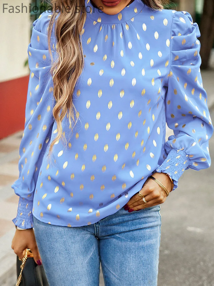 

Women Dot Print O-Neck Lantern Sleeve Loose Casual Blouse