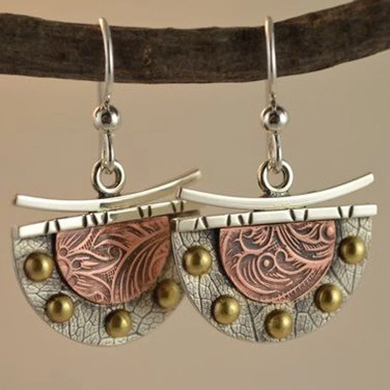 

Tribal Golden Spiral Half Circle Drop Earrings Gypsy Jewelry Two Tone Metal Silver Color Tree Bark Fan Shaped Earrings